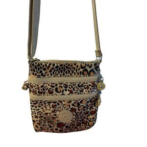 Kipling mini crossbody aninal print 3 zipper brown 8x6.5"